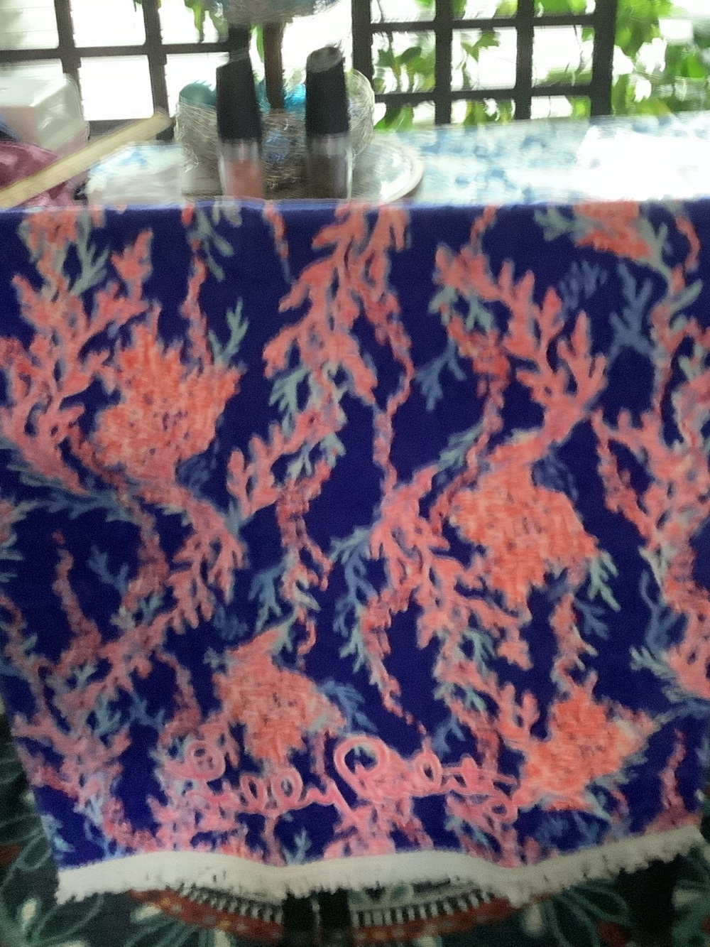 Lilly Pulitzer Navy and Coral Pink Tropical‎ Fringe Towel